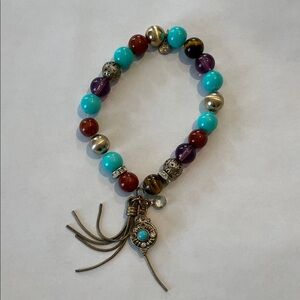 Turquoise, Purple & Brown Beaded Tassel Bracelet with Gold Accents 
(2)
